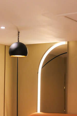 Interior lights of the restaurant at nightの写真素材