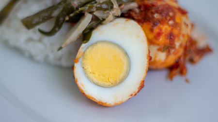 A plate of rice with egg balado and long bean sauce, chili sauce filled with eggs, anchovies and tofu. Served in a bowl on a gray background. Selected focus.の写真素材