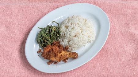 Ayam goreng Kalasan and Gulai daun ubi, Indonesian traditional cuisine made from fried chickenの写真素材
