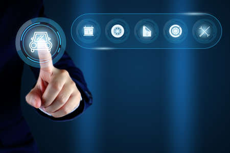 Businessman pointing a car with service icons, Concept of car checking, repair and maintenance.
