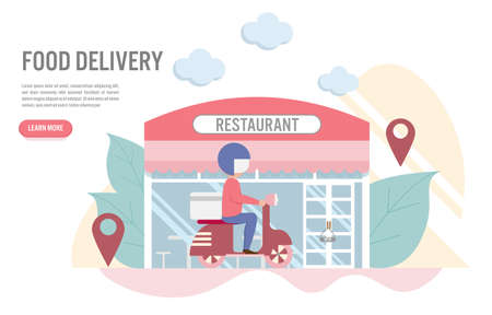 Food delivery concept with character,A man with scooter in front of the restaurant.Creative flat design for web bannerのイラスト素材