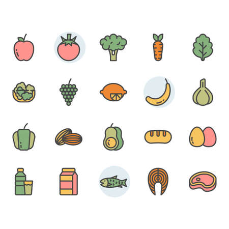 Fruits related icon and symbol set in color outline designのイラスト素材