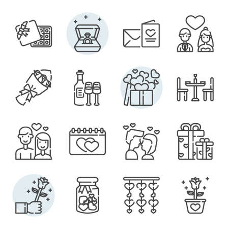 Valentines day related icon and symbol set in outline designのイラスト素材