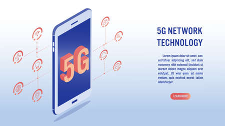 5G network wireless technology, high-speed internet concept. Big letters 5g on screen mobile and related icon. Isometric vector illustration.のイラスト素材