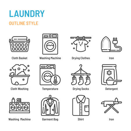 Laundry in outline icon and symbol setのイラスト素材