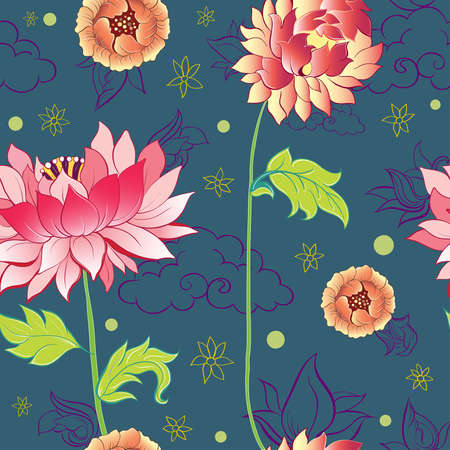 pattern with lotus flowers, peonies and chrysanthemumsのイラスト素材