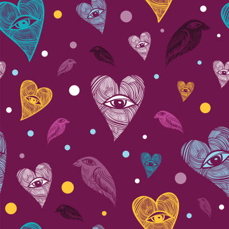 Vector pattern hearts and birds. Heart with eye.のイラスト素材