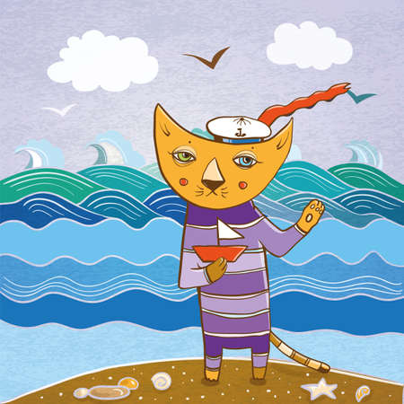 Cartoon vector illustration of cat sailor on the sea with the small ship. eps 10のイラスト素材