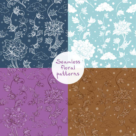 Set of vector floral seamless patterns with chrysanthemum, peony, aster. Asian theme. eps 10のイラスト素材