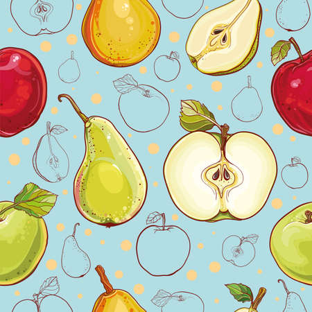 Bright vector seamless pattern with fresh apples and pears. Single apple and pear, part of apple and pear, colored and outline drawing of fruits.のイラスト素材