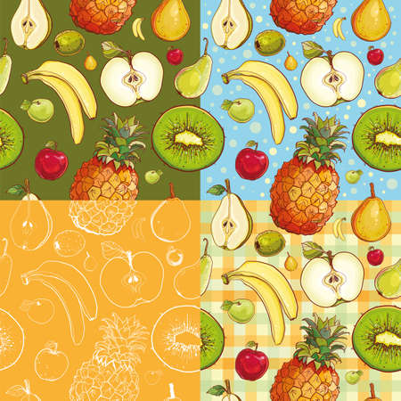 Set of four seamless patterns with kiwi, pineapple, banana, apple, pear.のイラスト素材