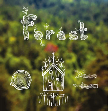 Vector blurred forest background with hut, wood, firewood and text. Green landscape. Mountain view. Forest. Designe and web template. eps 10のイラスト素材