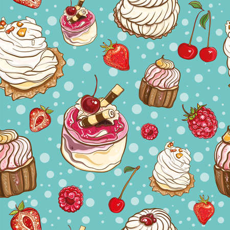 Seamless background with cakes and berries. Vector pattern. eps 10のイラスト素材
