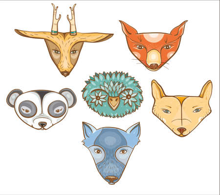 Vector set of illustration with cute baby animals: owl, wolf, panda, coyote, deer, fox. eps 10のイラスト素材