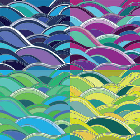 Seamless vector patterns with waves: blue, pink, yellow, green. 4 variants of abstract background. eps 10のイラスト素材