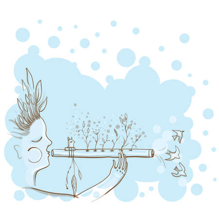 Vector illustration of The man playing at the Native Americans flute. Through flute grow flowers. The spirit of music. Unity with natureのイラスト素材
