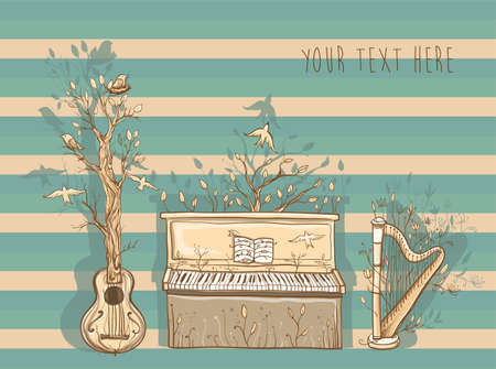 Vector illustration with guitar, piano, harp. Musical instruments are trees.  Template for card or poster design. Live music of nature. Unity with nature. eps 10のイラスト素材