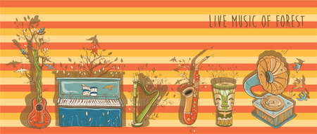 Vector illustration with piano, guitar, djembe drum, harp, saxophone, gramophone. Template for card or poster design. Live music of forest. eps 10のイラスト素材