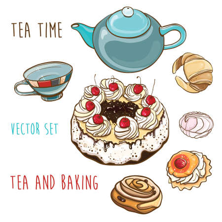 Vector set of illustration of pastry, baking, teapot and cup. Tea time. Isolated objects. eps 10のイラスト素材