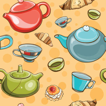 Bright colorful seamless pattern with tea set. Tea time. eps 10のイラスト素材