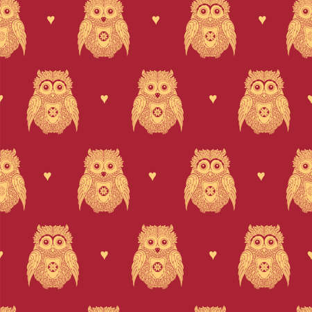 Vector seamless pattern with cute gold owls on red background.のイラスト素材