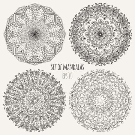 Vector contour Mandala. Vintage decorative elements. Set of four ornament lace. Hand drawn background. Oriental ethnic motifs. eps 10のイラスト素材