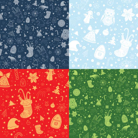 Set of Christmas vector seamless patterns with christmas attributes. Silhouette and contour shapes on red, green and blue background. eps 10のイラスト素材