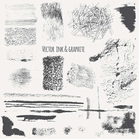 Hand Drawn textures made with ink, graphite, charcoal. Vector set with ink shading, lines, strokes, stains, curls. Isolated.のイラスト素材