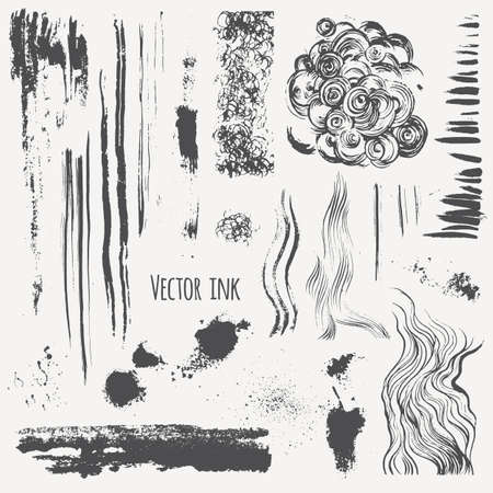 Hand Drawn textures made with ink. Vector set with ink shading, lines, strokes, stains, curls, waves. Isolated.のイラスト素材