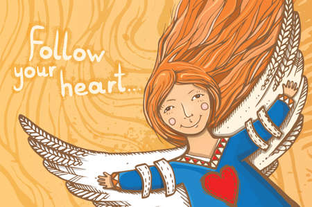 Vector illustration with cheerful girl flying on the wings. Follow your heart. Follow your dream. Postcardのイラスト素材