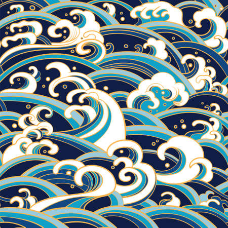 Traditional oriental seamless pattern with ocean waves, foam, splashes.のイラスト素材
