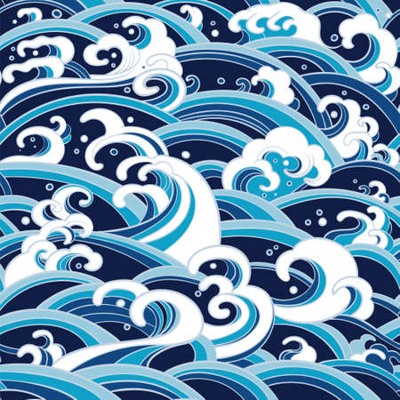 Traditional eastern seamless pattern with waves of water, foam, splashes. sea backdropのイラスト素材
