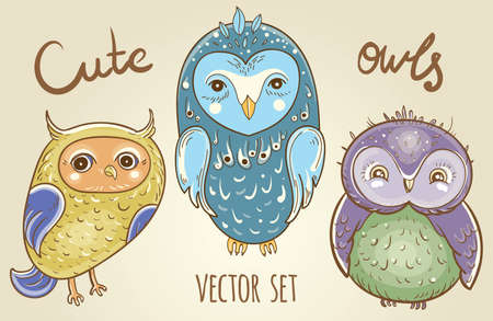 Cartoon set with cute owls.のイラスト素材