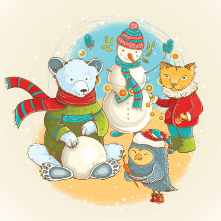 Cartoon illustration of sculpt of snowman in winter with funny animals.  cute christmas card with funny characters.のイラスト素材
