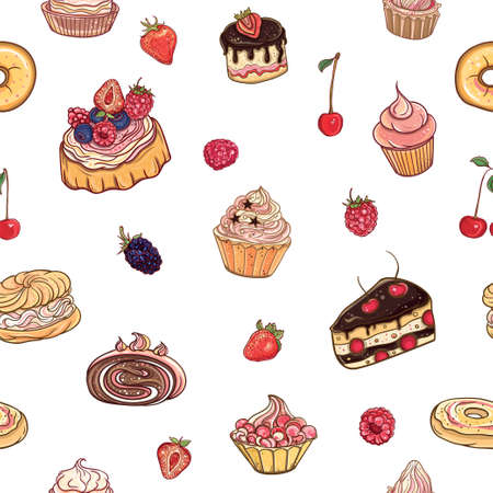 Seamless pattern "Time for sweet". Vector colorful, delicious background with cakes, pastries, cupcakes and donuts on white backdrop.のイラスト素材