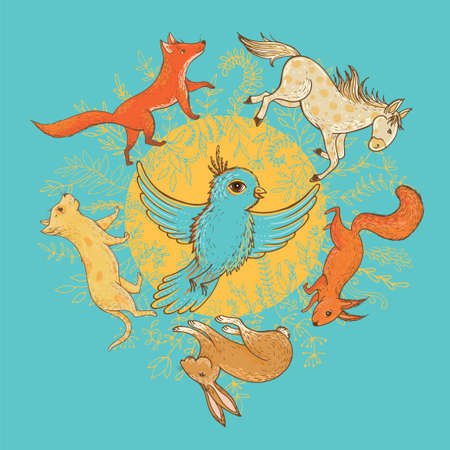 Vector illustration of cute animals, vernal bird inside floral wreath. Hand drawn frame. Template for graphic design, invitations and postcardsのイラスト素材