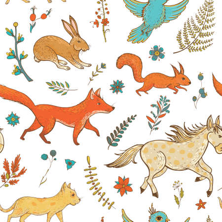 Vector seamless pattern with cute animals: fox, rabbit, horse, pony, cat, squirrel, bird and plants. Natural vernal backdrop. Template for graphic design, textile and postcardsのイラスト素材