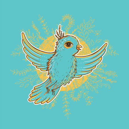 Vector spring illustration of bird inside floral wreath. Hand drawn postcard. Template for graphic design and invitations.のイラスト素材