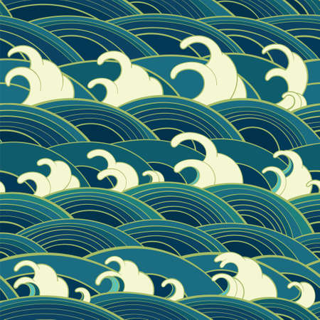 Traditional oriental seamless pattern with ocean waves, foam, splashes. Vector backdropのイラスト素材