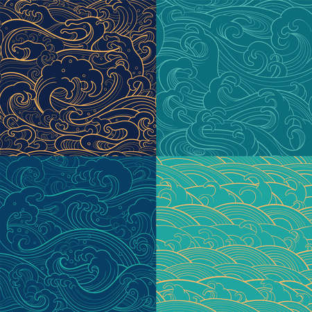 Traditional oriental seamless contour patterns with ocean waves, foam, splashes. Vector backgroundsのイラスト素材