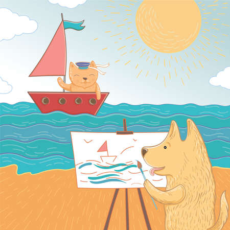 Vector illustration of a summer holiday at sea. Lovely dog and cat spend their holidays at sea. Template for greeting card.のイラスト素材
