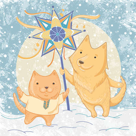 Vector illustration of Christmas carols with dog and cat. Illustration of friendship and winter fun, festivities. Template for greeting card.のイラスト素材