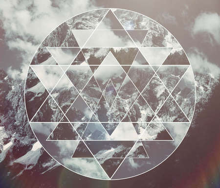 Abstract meditative collage with shri yantra. Harmony, spirituality, unity of nature.