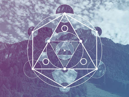 Abstract meditative collage with the sacred geometry symbol. Harmony, spirituality, unity of nature.