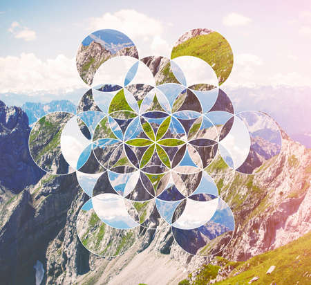 Abstract background with the image of the mountains and the flower of life. Sacred geometry....