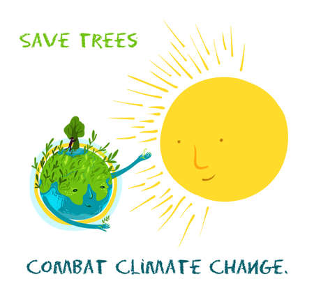Save trees, combat climate change. Vector ecological illustration about the conservation of trees and plants on planet Earth. Cute character, conceptual illustration for banner, poster.のイラスト素材