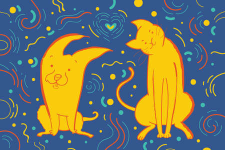 Vector illustration with happy dog and cat surrounded by confetti. Greeting card for the holiday and...