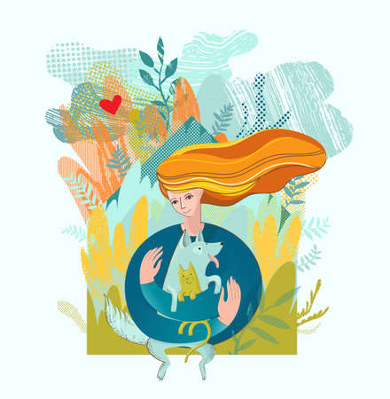 Vector illustration about friendship between dog, cat and girl.のイラスト素材