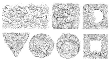 A set of vector contour elements, templates on the theme of waves in an oriental style.のイラスト素材