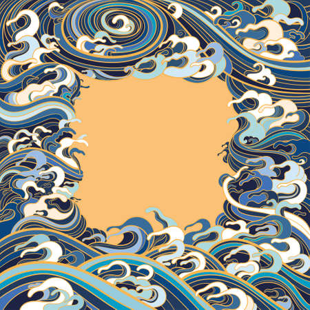 Vector illustration of a frame with waves in a traditional oriental style.のイラスト素材